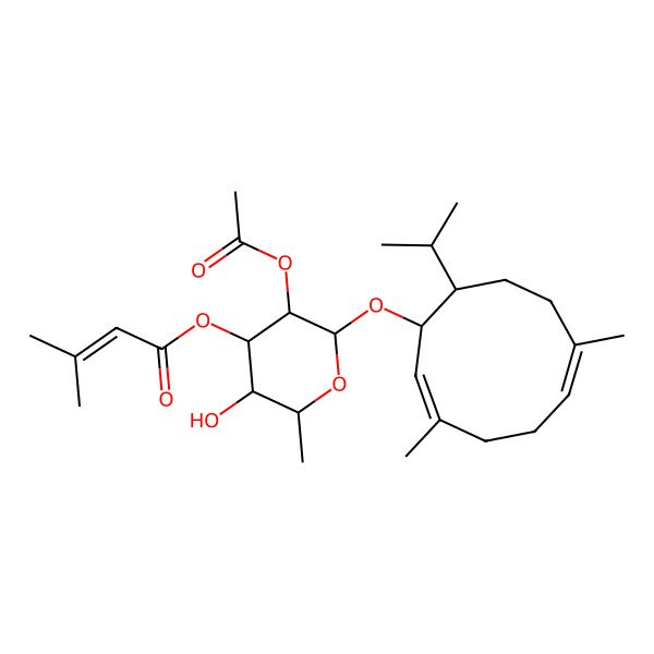2D Structure of [(2R,3R,4S,5S,6R)-3-acetyloxy-2-[(1R,2E,6E,10S)-3,7-dimethyl-10-propan-2-ylcyclodeca-2,6-dien-1-yl]oxy-5-hydroxy-6-methyloxan-4-yl] 3-methylbut-2-enoate