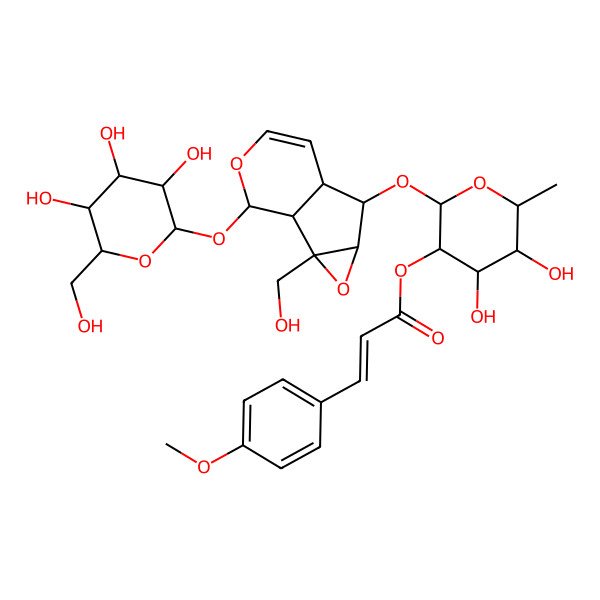 2D Structure of [(2S,3R,4R,5R,6S)-4,5-dihydroxy-2-[[(1S,2S,4S,5S,6R,10S)-2-(hydroxymethyl)-10-[(2S,3R,4S,5S,6R)-3,4,5-trihydroxy-6-(hydroxymethyl)oxan-2-yl]oxy-3,9-dioxatricyclo[4.4.0.02,4]dec-7-en-5-yl]oxy]-6-methyloxan-3-yl] (E)-3-(4-methoxyphenyl)prop-2-enoate