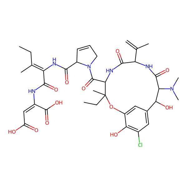 2D Structure of 2-[[2-[[1-[14-Chloro-10-(dimethylamino)-3-ethyl-11,15-dihydroxy-3-methyl-6,9-dioxo-7-prop-1-en-2-yl-2-oxa-5,8-diazabicyclo[10.3.1]hexadeca-1(15),12(16),13-triene-4-carbonyl]-2,5-dihydropyrrole-2-carbonyl]amino]-3-methylpent-2-enoyl]amino]but-2-enedioic acid