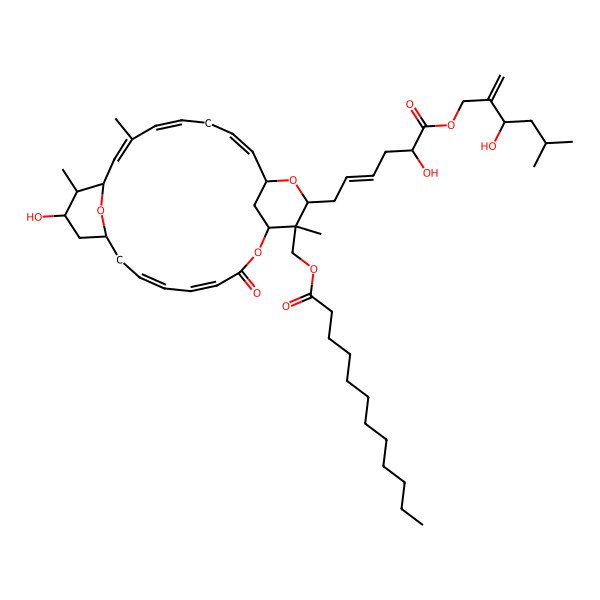 2D Structure of [(1R,4Z,6E,9S,11S,12R,13R,14E,16Z,19E,21S,23S,24S)-11-hydroxy-23-[(Z,5R)-5-hydroxy-6-[(3R)-3-hydroxy-5-methyl-2-methylidenehexoxy]-6-oxohex-2-enyl]-12,15,24-trimethyl-3-oxo-2,22,26-trioxatricyclo[19.3.1.19,13]hexacosa-4,6,14,16,19-pentaen-24-yl]methyl dodecanoate