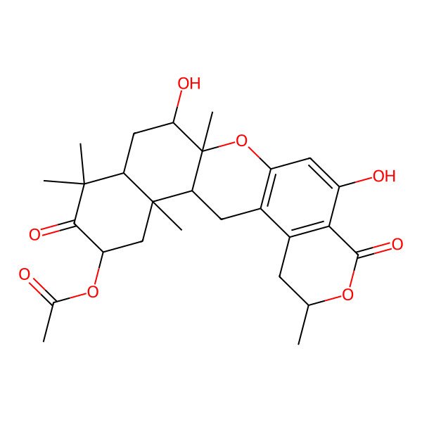 2D Structure of [(1R,6S,14R,15S,17R,20R,22S)-10,15-dihydroxy-6,14,18,18,22-pentamethyl-8,19-dioxo-7,13-dioxapentacyclo[12.8.0.03,12.04,9.017,22]docosa-3(12),4(9),10-trien-20-yl] acetate