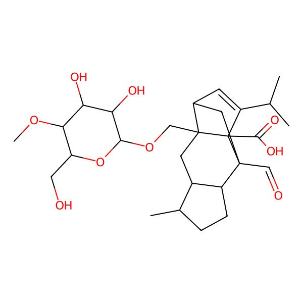 2D Structure of 2-[[3,4-Dihydroxy-6-(hydroxymethyl)-5-methoxyoxan-2-yl]oxymethyl]-9-formyl-5-methyl-13-propan-2-yltetracyclo[7.4.0.02,11.04,8]tridec-12-ene-1-carboxylic acid