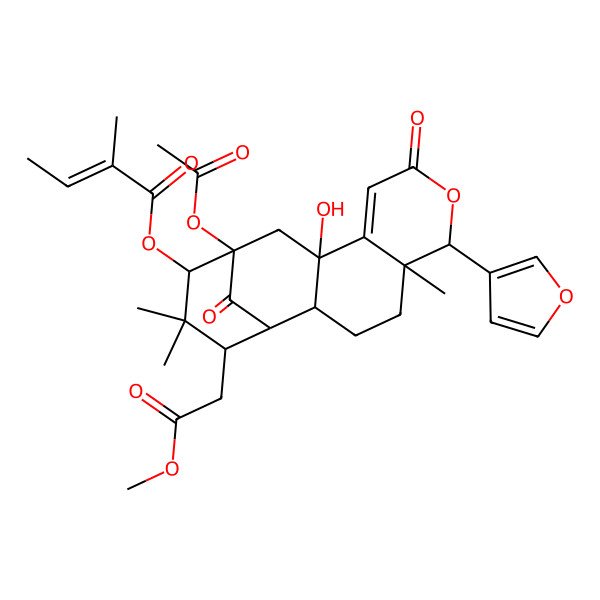 2D Structure of [(1S,2R,5R,6R,11S,13R,14S,16R)-13-acetyloxy-6-(furan-3-yl)-11-hydroxy-16-(2-methoxy-2-oxoethyl)-5,15,15-trimethyl-8,17-dioxo-7-oxatetracyclo[11.3.1.02,11.05,10]heptadec-9-en-14-yl] (E)-2-methylbut-2-enoate
