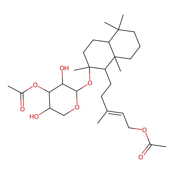 2D Structure of [(E)-5-[(1S,2S,4aR,8aR)-2-[(2R,3S,4R,5S)-4-acetyloxy-3,5-dihydroxyoxan-2-yl]oxy-2,5,5,8a-tetramethyl-3,4,4a,6,7,8-hexahydro-1H-naphthalen-1-yl]-3-methylpent-2-enyl] acetate
