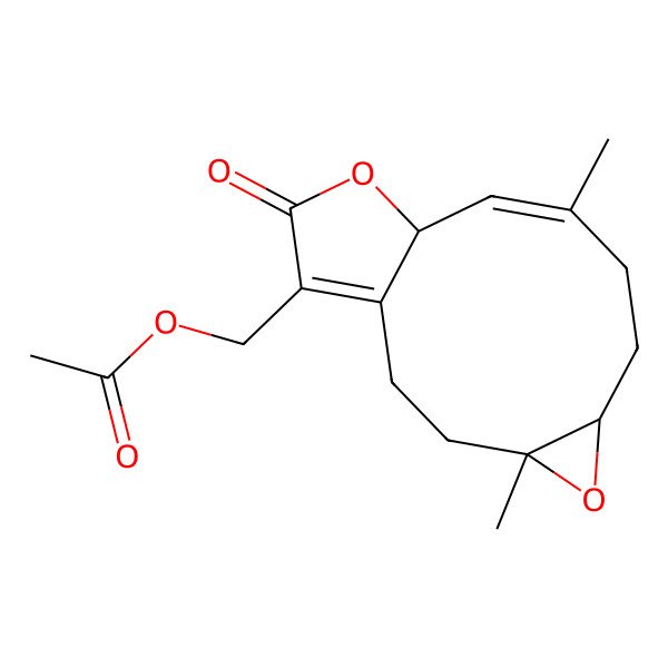 2D Structure of [(4S,6R,9E,11R)-4,9-dimethyl-13-oxo-5,12-dioxatricyclo[9.3.0.04,6]tetradeca-1(14),9-dien-14-yl]methyl acetate