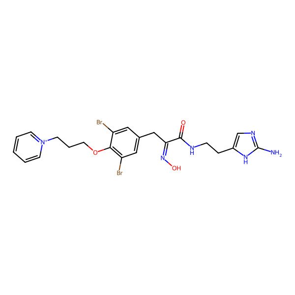 2D Structure of (2Z)-N-[2-(2-amino-1H-imidazol-5-yl)ethyl]-3-[3,5-dibromo-4-(3-pyridin-1-ium-1-ylpropoxy)phenyl]-2-hydroxyiminopropanamide