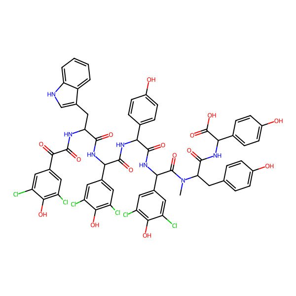 2D Structure of (2R)-2-[[(2S)-2-[[(2R)-2-(3,5-dichloro-4-hydroxyphenyl)-2-[[(2R)-2-[[(2S)-2-(3,5-dichloro-4-hydroxyphenyl)-2-[[(2S)-2-[[2-(3,5-dichloro-4-hydroxyphenyl)-2-oxoacetyl]amino]-3-(1H-indol-3-yl)propanoyl]amino]acetyl]amino]-2-(4-hydroxyphenyl)acetyl]amino]acetyl]-methylamino]-3-(4-hydroxyphenyl)propanoyl]amino]-2-(4-hydroxyphenyl)acetic acid