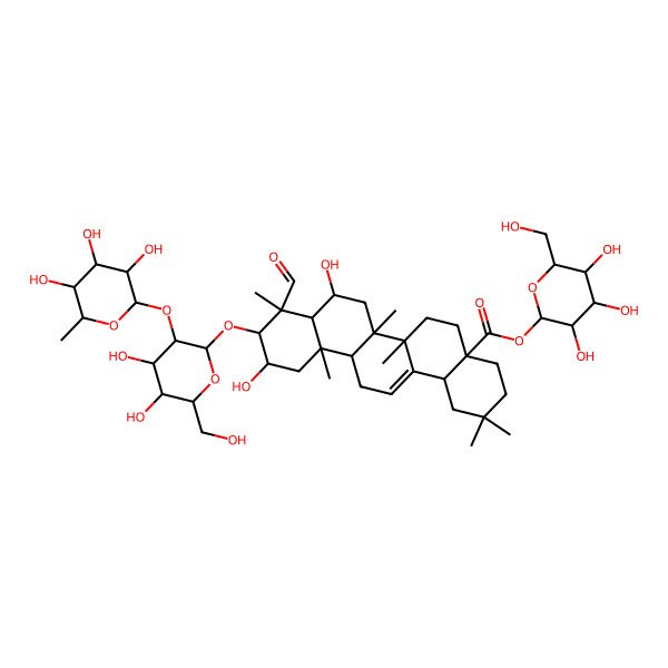 2D Structure of [(2S,3R,4S,5S,6R)-3,4,5-trihydroxy-6-(hydroxymethyl)oxan-2-yl] (4aS,6aR,6aS,6bR,8S,8aR,9S,10R,11S,12aR,14bS)-10-[(2R,3R,4S,5S,6R)-4,5-dihydroxy-6-(hydroxymethyl)-3-[(2S,3R,4R,5R,6S)-3,4,5-trihydroxy-6-methyloxan-2-yl]oxyoxan-2-yl]oxy-9-formyl-8,11-dihydroxy-2,2,6a,6b,9,12a-hexamethyl-1,3,4,5,6,6a,7,8,8a,10,11,12,13,14b-tetradecahydropicene-4a-carboxylate