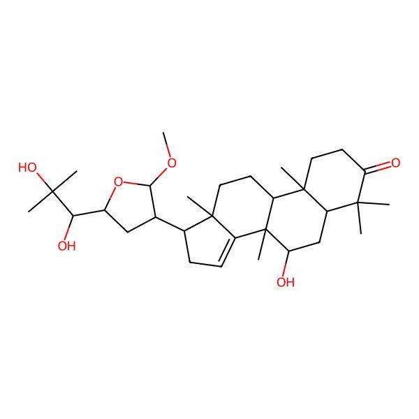 2D Structure of (5R,7R,8R,9R,10R,13S,17S)-17-[(2R,3S,5R)-5-[(1S)-1,2-dihydroxy-2-methylpropyl]-2-methoxyoxolan-3-yl]-7-hydroxy-4,4,8,10,13-pentamethyl-1,2,5,6,7,9,11,12,16,17-decahydrocyclopenta[a]phenanthren-3-one