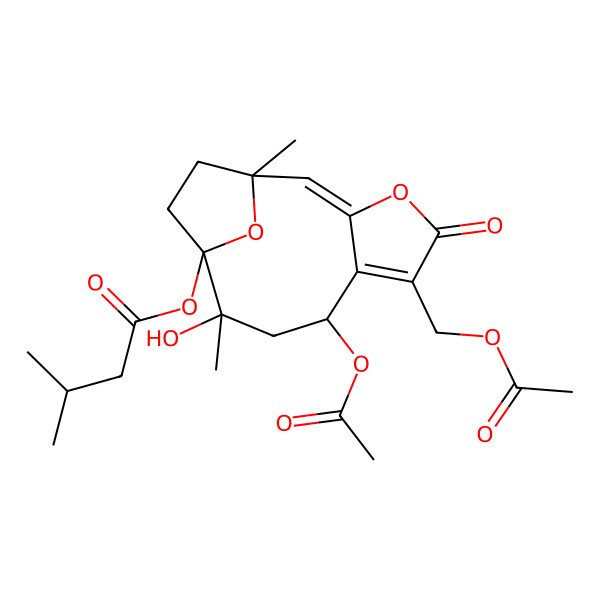2D Structure of [8-Acetyloxy-6-(acetyloxymethyl)-10-hydroxy-1,10-dimethyl-5-oxo-4,14-dioxatricyclo[9.2.1.03,7]tetradeca-2,6-dien-11-yl] 3-methylbutanoate