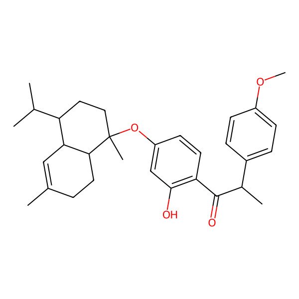 2D Structure of (2R)-1-[4-[[(1R,4S,4aR,8aR)-1,6-dimethyl-4-propan-2-yl-3,4,4a,7,8,8a-hexahydro-2H-naphthalen-1-yl]oxy]-2-hydroxyphenyl]-2-(4-methoxyphenyl)propan-1-one