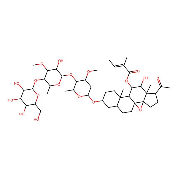 2D Structure of [(1S,3R,6S,7S,8S,9S,10S,11S,14S,16S)-6-acetyl-8-hydroxy-14-[(2R,4R,5R,6R)-5-[(2S,3R,4S,5R,6R)-3-hydroxy-4-methoxy-6-methyl-5-[(2S,3R,4S,5S,6R)-3,4,5-trihydroxy-6-(hydroxymethyl)oxan-2-yl]oxyoxan-2-yl]oxy-4-methoxy-6-methyloxan-2-yl]oxy-7,11-dimethyl-2-oxapentacyclo[8.8.0.01,3.03,7.011,16]octadecan-9-yl] (E)-2-methylbut-2-enoate