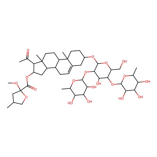 2D Structure of [(3S,8S,9S,10R,13S,14S,16S,17R)-17-acetyl-3-[(2R,3R,4S,5S,6R)-4-hydroxy-6-(hydroxymethyl)-3,5-bis[[(2S,3R,4R,5R,6S)-3,4,5-trihydroxy-6-methyloxan-2-yl]oxy]oxan-2-yl]oxy-10,13-dimethyl-2,3,4,7,8,9,11,12,14,15,16,17-dodecahydro-1H-cyclopenta[a]phenanthren-16-yl] (2R,4S)-2-methoxy-4-methyloxolane-2-carboxylate