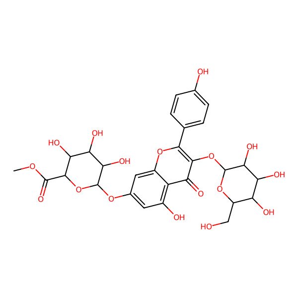 2D Structure of Methyl 3,4,5-trihydroxy-6-[5-hydroxy-2-(4-hydroxyphenyl)-4-oxo-3-[3,4,5-trihydroxy-6-(hydroxymethyl)oxan-2-yl]oxychromen-7-yl]oxyoxane-2-carboxylate