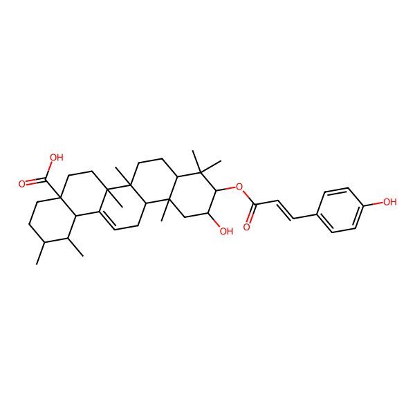 2D Structure of (1S,2R,6aS,6bR,10S,11S,12aR)-11-hydroxy-10-[(E)-3-(4-hydroxyphenyl)prop-2-enoyl]oxy-1,2,6a,6b,9,9,12a-heptamethyl-2,3,4,5,6,6a,7,8,8a,10,11,12,13,14b-tetradecahydro-1H-picene-4a-carboxylic acid