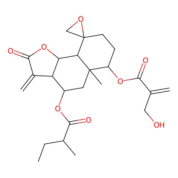 2D Structure of [6-[2-(Hydroxymethyl)prop-2-enoyloxy]-5a-methyl-3-methylidene-2-oxospiro[3a,4,5,6,7,8,9a,9b-octahydrobenzo[g][1]benzofuran-9,2'-oxirane]-4-yl] 2-methylbutanoate