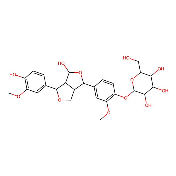 2D Structure of (2S,3R,4S,5S,6R)-2-[4-[(3S,3aS,4R,6S,6aR)-4-hydroxy-3-(4-hydroxy-3-methoxyphenyl)-1,3,3a,4,6,6a-hexahydrofuro[3,4-c]furan-6-yl]-2-methoxyphenoxy]-6-(hydroxymethyl)oxane-3,4,5-triol