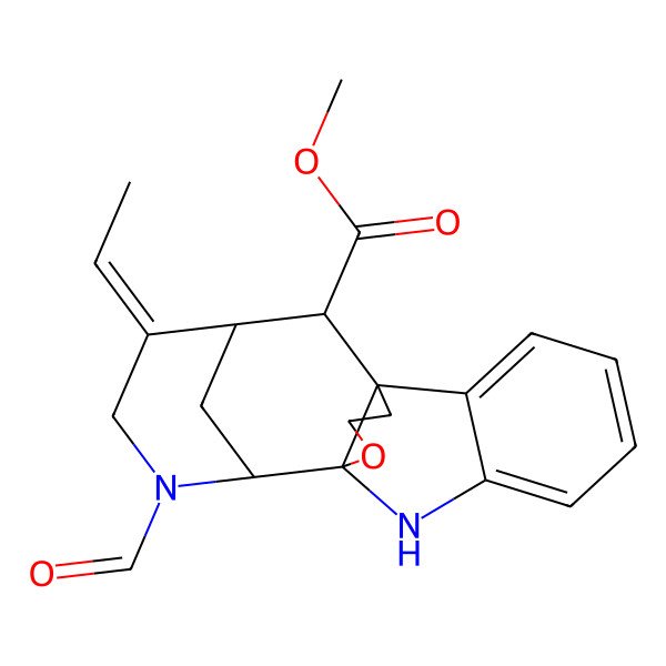2D Structure of methyl (1R,9R,10R,13E,14R,15R)-13-ethylidene-11-formyl-18-oxa-8,11-diazapentacyclo[7.6.3.110,14.01,9.02,7]nonadeca-2,4,6-triene-15-carboxylate