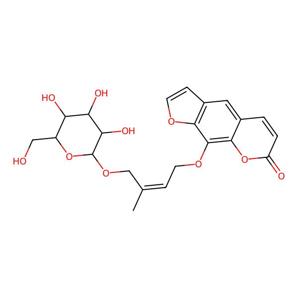 2D Structure of 9-[(E)-3-methyl-4-[(2R,3R,4S,5S,6R)-3,4,5-trihydroxy-6-(hydroxymethyl)oxan-2-yl]oxybut-2-enoxy]furo[3,2-g]chromen-7-one