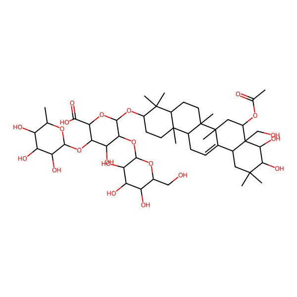 2D Structure of 6-[[8-Acetyloxy-9,10-dihydroxy-8a-(hydroxymethyl)-4,4,6a,6b,11,11,14b-heptamethyl-1,2,3,4a,5,6,7,8,9,10,12,12a,14,14a-tetradecahydropicen-3-yl]oxy]-4-hydroxy-5-[3,4,5-trihydroxy-6-(hydroxymethyl)oxan-2-yl]oxy-3-(3,4,5-trihydroxy-6-methyloxan-2-yl)oxyoxane-2-carboxylic acid