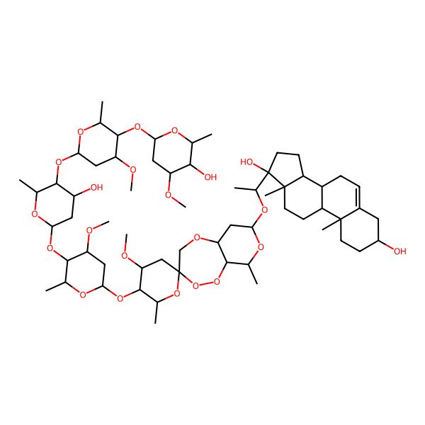 2D Structure of (3S,8R,9S,10R,13S,14S,17R)-17-[(1S)-1-[(3S,4'R,5'R,5aR,6'R,7S,9R,9aR)-5'-[(2S,4S,5R,6R)-5-[(2S,4R,5S,6R)-4-hydroxy-5-[(2S,4S,5R,6R)-5-[(2S,4S,5R,6R)-5-hydroxy-4-methoxy-6-methyloxan-2-yl]oxy-4-methoxy-6-methyloxan-2-yl]oxy-6-methyloxan-2-yl]oxy-4-methoxy-6-methyloxan-2-yl]oxy-4'-methoxy-6',9-dimethylspiro[4,5a,6,7,9,9a-hexahydropyrano[3,4-c][1,2,5]trioxepine-3,2'-oxane]-7-yl]oxyethyl]-10,13-dimethyl-1,2,3,4,7,8,9,11,12,14,15,16-dodecahydrocyclopenta[a]phenanthrene-3,17-diol