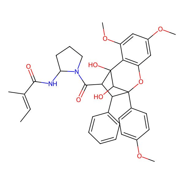 2D Structure of N-[1-[1,12-dihydroxy-3,5-dimethoxy-9-(4-methoxyphenyl)-10-phenyl-8-oxatricyclo[7.2.1.02,7]dodeca-2(7),3,5-triene-11-carbonyl]pyrrolidin-2-yl]-2-methylbut-2-enamide