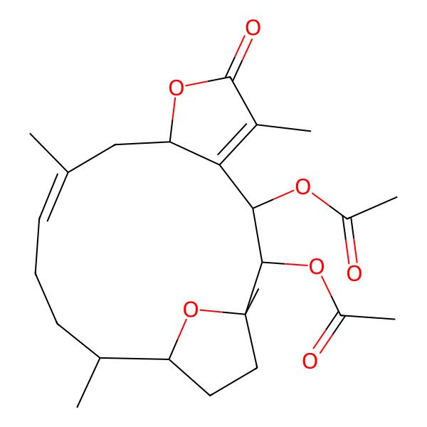 2D Structure of [(1R,2S,3R,8R,10Z,14R,15S)-2-acetyloxy-1,5,10,14-tetramethyl-6-oxo-7,18-dioxatricyclo[13.2.1.04,8]octadeca-4,10-dien-3-yl] acetate