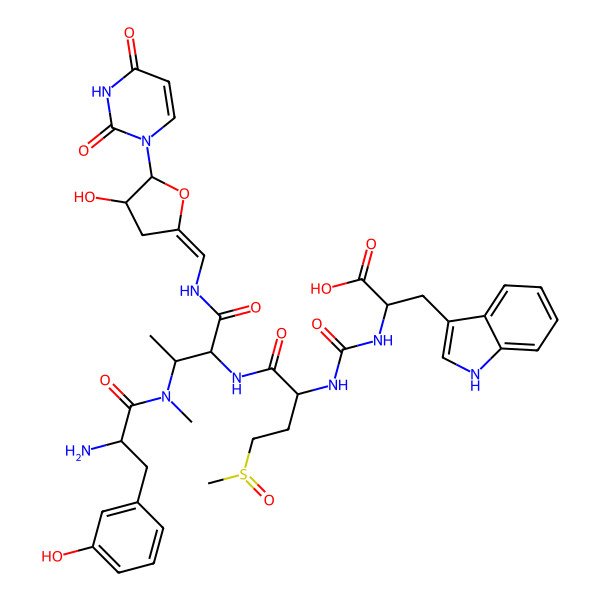 2D Structure of 2-[[1-[[3-[[2-amino-3-(3-hydroxyphenyl)propanoyl]-methylamino]-1-[[5-(2,4-dioxopyrimidin-1-yl)-4-hydroxyoxolan-2-ylidene]methylamino]-1-oxobutan-2-yl]amino]-4-methylsulfinyl-1-oxobutan-2-yl]carbamoylamino]-3-(1H-indol-3-yl)propanoic acid