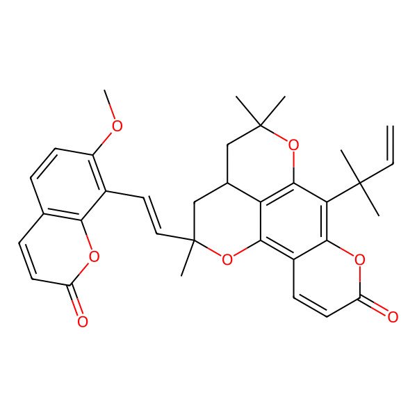2D Structure of 15-[2-(7-Methoxy-2-oxochromen-8-yl)ethenyl]-11,11,15-trimethyl-8-(2-methylbut-3-en-2-yl)-6,10,16-trioxatetracyclo[7.7.1.02,7.013,17]heptadeca-1(17),2(7),3,8-tetraen-5-one
