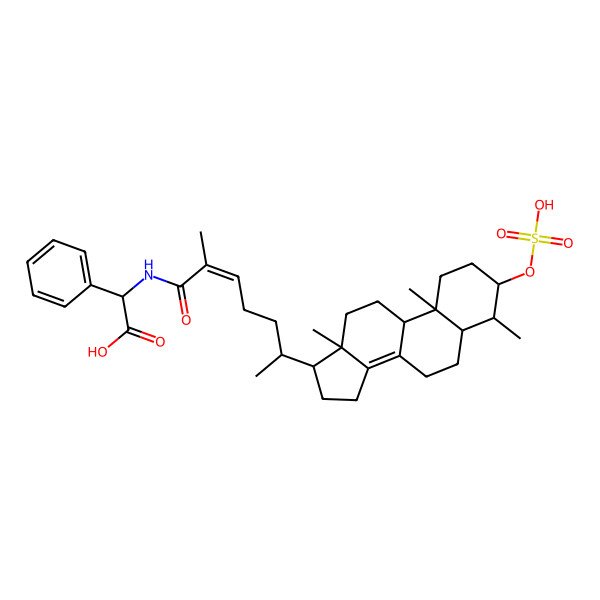 2D Structure of (2S)-2-[[(E,6R)-2-methyl-6-[(3S,4S,5S,9R,10S,13R,17R)-4,10,13-trimethyl-3-sulfooxy-2,3,4,5,6,7,9,11,12,15,16,17-dodecahydro-1H-cyclopenta[a]phenanthren-17-yl]hept-2-enoyl]amino]-2-phenylacetic acid