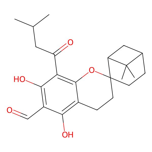2D Structure of (1'S,2R,5'R)-5,7-dihydroxy-6',6'-dimethyl-8-(3-methylbutanoyl)spiro[3,4-dihydrochromene-2,2'-bicyclo[3.1.1]heptane]-6-carbaldehyde