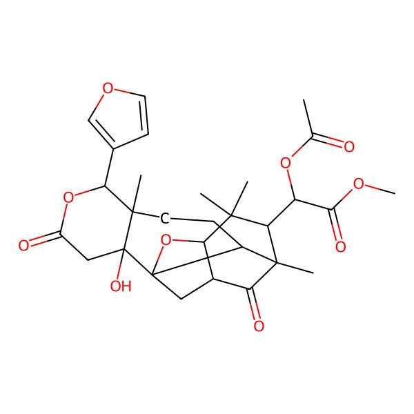 2D Structure of Methyl 2-acetyloxy-2-[6-(furan-3-yl)-10-hydroxy-1,5,15,15-tetramethyl-8,17-dioxo-7,18-dioxapentacyclo[11.3.1.111,14.02,11.05,10]octadecan-16-yl]acetate