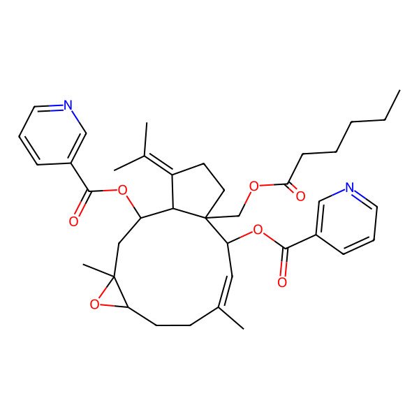 2D Structure of [12-(Hexanoyloxymethyl)-4,9-dimethyl-15-propan-2-ylidene-11-(pyridine-3-carbonyloxy)-5-oxatricyclo[10.3.0.04,6]pentadec-9-en-2-yl] pyridine-3-carboxylate