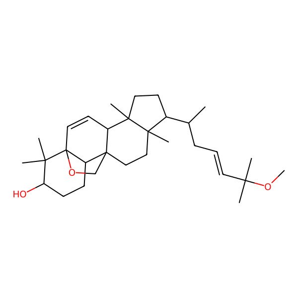 2D Structure of 8-(6-Methoxy-6-methylhept-4-en-2-yl)-5,9,17,17-tetramethyl-18-oxapentacyclo[10.5.2.01,13.04,12.05,9]nonadec-2-en-16-ol