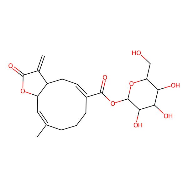 2D Structure of [(2S,3R,4S,5S,6R)-3,4,5-trihydroxy-6-(hydroxymethyl)oxan-2-yl] (3aS,5Z,10Z,11aS)-10-methyl-3-methylidene-2-oxo-3a,4,7,8,9,11a-hexahydrocyclodeca[b]furan-6-carboxylate