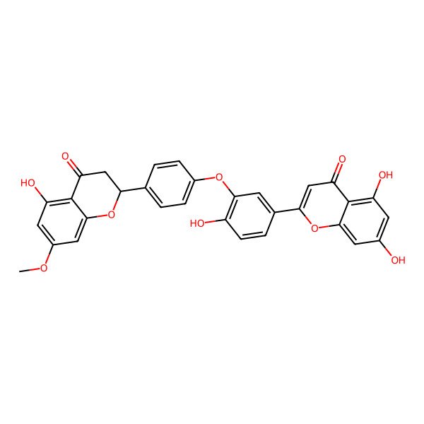 2D Structure of 5,7-dihydroxy-2-[4-hydroxy-3-[4-[(2S)-5-hydroxy-7-methoxy-4-oxo-2,3-dihydrochromen-2-yl]phenoxy]phenyl]chromen-4-one