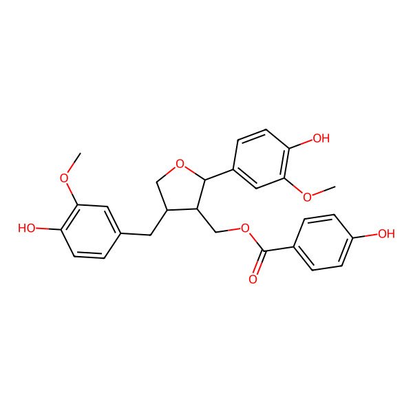 2D Structure of [2-(4-Hydroxy-3-methoxyphenyl)-4-[(4-hydroxy-3-methoxyphenyl)methyl]oxolan-3-yl]methyl 4-hydroxybenzoate