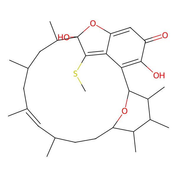 2D Structure of 3,9-Dihydroxy-10,12,14,16,20,21,22-heptamethyl-8-methylsulfanyl-23,24-dioxatetracyclo[17.3.1.16,9.02,7]tetracosa-2,5,7,14-tetraen-4-one