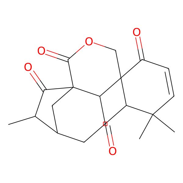 2D Structure of (1S,1'R,5S,6S,9R,10S)-2',2',10-trimethyl-2,5',11-trioxospiro[3-oxatricyclo[7.2.1.01,6]dodecane-5,6'-cyclohex-3-ene]-1'-carbaldehyde