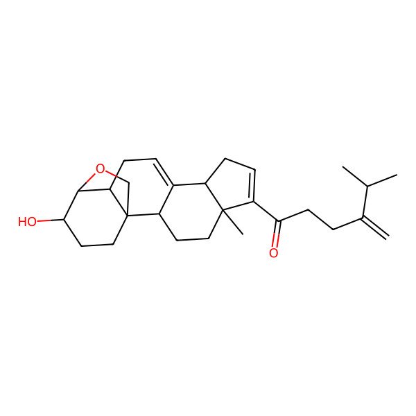 2D Structure of 1-(15-Hydroxy-5-methyl-19-oxapentacyclo[12.3.2.01,13.02,10.05,9]nonadeca-6,10-dien-6-yl)-5-methyl-4-methylidenehexan-1-one
