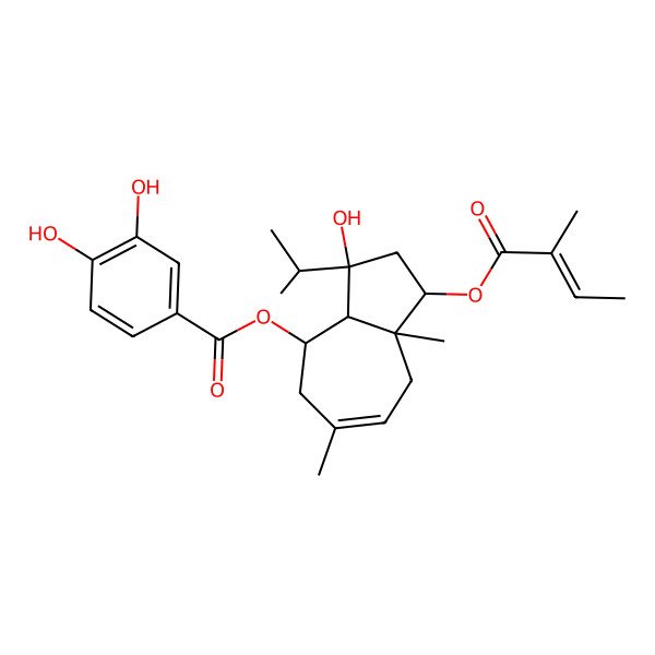2D Structure of [(1R,3R,3aS,4S,8aR)-3-hydroxy-6,8a-dimethyl-1-[(Z)-2-methylbut-2-enoyl]oxy-3-propan-2-yl-1,2,3a,4,5,8-hexahydroazulen-4-yl] 3,4-dihydroxybenzoate