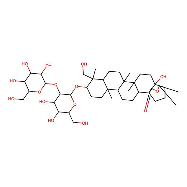 2D Structure of (1S,2S,5R,6R,9S,10S,11R,14R,15R,18R,19S)-9-[(2R,3R,4S,5S,6R)-4,5-dihydroxy-6-(hydroxymethyl)-3-[(2S,3R,4S,5S,6R)-3,4,5-trihydroxy-6-(hydroxymethyl)oxan-2-yl]oxyoxan-2-yl]oxy-18-hydroxy-10-(hydroxymethyl)-6,10,14,15,20,20-hexamethyl-21-oxahexacyclo[17.3.2.01,18.02,15.05,14.06,11]tetracosan-22-one