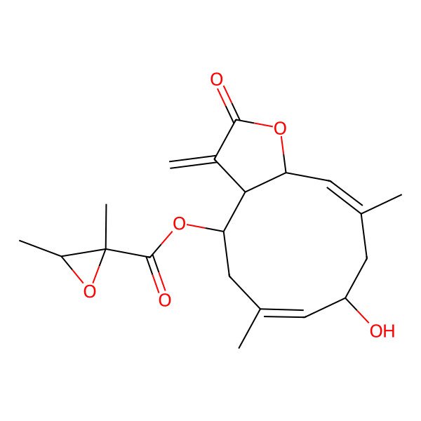 2D Structure of [(3aS,4R,6E,8R,10E,11aR)-8-hydroxy-6,10-dimethyl-3-methylidene-2-oxo-3a,4,5,8,9,11a-hexahydrocyclodeca[b]furan-4-yl] (2R,3R)-2,3-dimethyloxirane-2-carboxylate