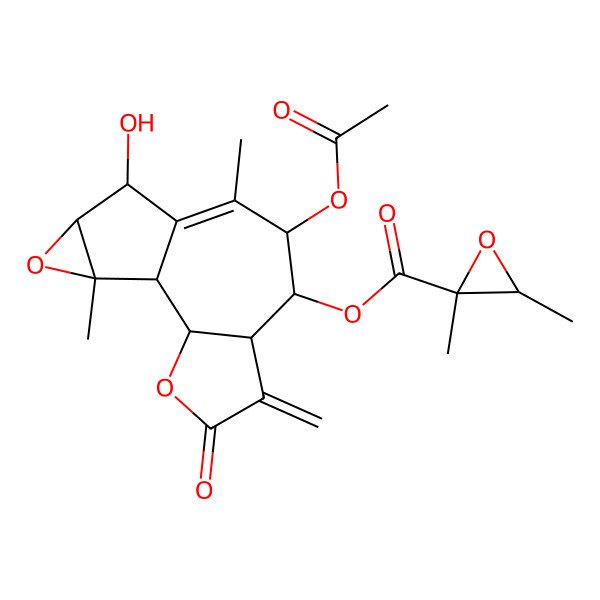 2D Structure of (8-Acetyloxy-11-hydroxy-9,14-dimethyl-5-methylidene-4-oxo-3,13-dioxatetracyclo[8.4.0.02,6.012,14]tetradec-9-en-7-yl) 2,3-dimethyloxirane-2-carboxylate