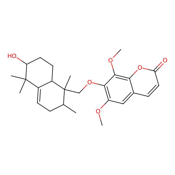 2D Structure of 7-[(6-Hydroxy-1,2,5,5-tetramethyl-2,3,6,7,8,8a-hexahydronaphthalen-1-yl)methoxy]-6,8-dimethoxychromen-2-one