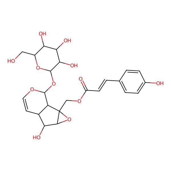 2D Structure of [5-Hydroxy-10-[3,4,5-trihydroxy-6-(hydroxymethyl)oxan-2-yl]oxy-3,9-dioxatricyclo[4.4.0.02,4]dec-7-en-2-yl]methyl 3-(4-hydroxyphenyl)prop-2-enoate
