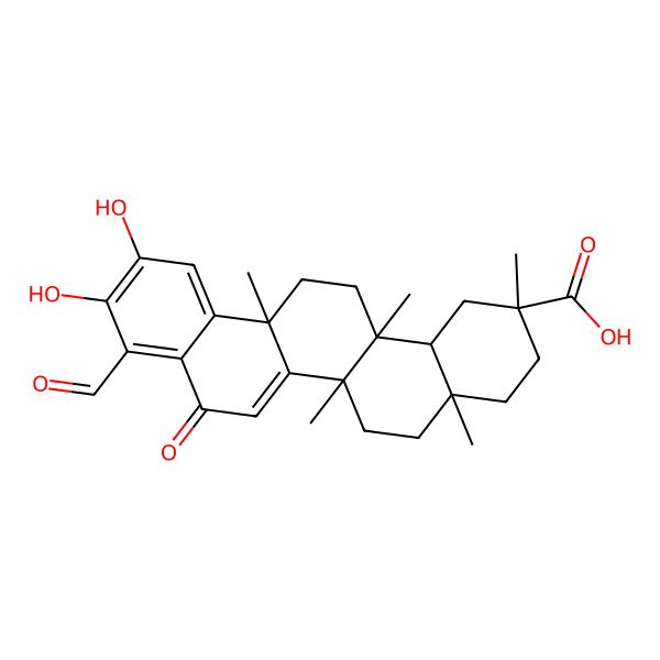 2D Structure of (2R,4aS,6aR,6aS,14aS,14bS)-9-formyl-10,11-dihydroxy-2,4a,6a,6a,14a-pentamethyl-8-oxo-1,3,4,5,6,13,14,14b-octahydropicene-2-carboxylic acid 2D Structure of (2R,4aS,6aR,6aS,14aS,14bS)-9-formyl-10,11-dihydroxy-2,4a,6a,6a,14a-pentamethyl-8-oxo-1,3,4,5,6,13,14,14b-octahydropicene-2-carboxylic acid