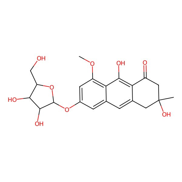 2D Structure of 6-[3,4-Dihydroxy-5-(hydroxymethyl)oxolan-2-yl]oxy-3,9-dihydroxy-8-methoxy-3-methyl-2,4-dihydroanthracen-1-one