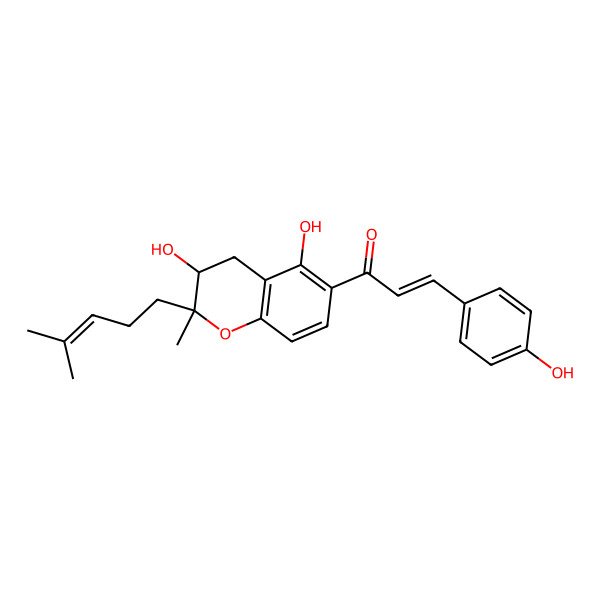 2D Structure of (E)-1-[(2R,3R)-3,5-dihydroxy-2-methyl-2-(4-methylpent-3-enyl)-3,4-dihydrochromen-6-yl]-3-(4-hydroxyphenyl)prop-2-en-1-one