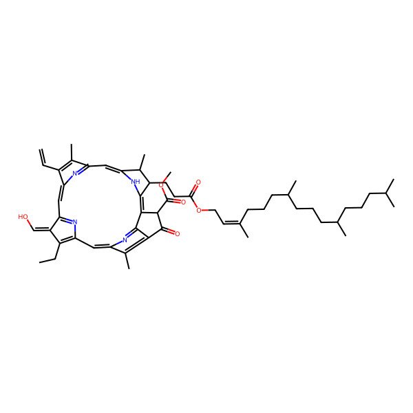 2D Structure of methyl (3R,21S,22S)-16-ethenyl-11-ethyl-12-(hydroxymethylidene)-17,21,26-trimethyl-4-oxo-22-[3-oxo-3-[(E,7S,11S)-3,7,11,15-tetramethylhexadec-2-enoxy]propyl]-7,23,24,25-tetrazahexacyclo[18.2.1.15,8.110,13.115,18.02,6]hexacosa-1,5(26),6,8,10,13(25),14,16,18(24),19-decaene-3-carboxylate